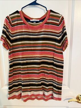 LOFT Striped Short Sleeve Knit Top in Olive, Black, Red L